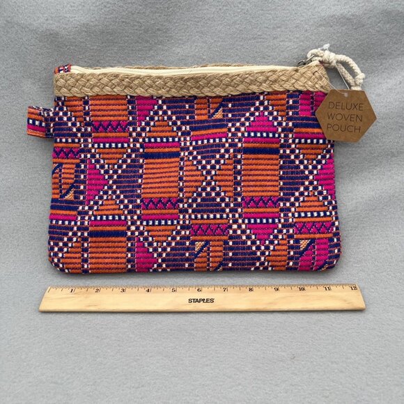 Eccolo Deluxe Woven Zipper Pouch Burlap Trim 11.5" x 8" Pink Orange Purple - Picture 3 of 7